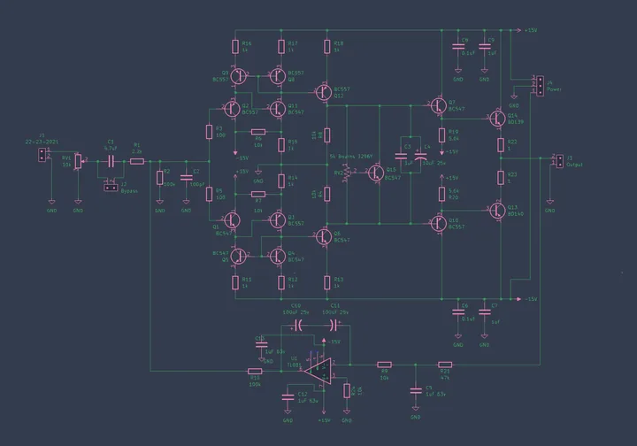 CEO amplifier schematic &mdash; discrete Class A output stage with a TL081 DC servo