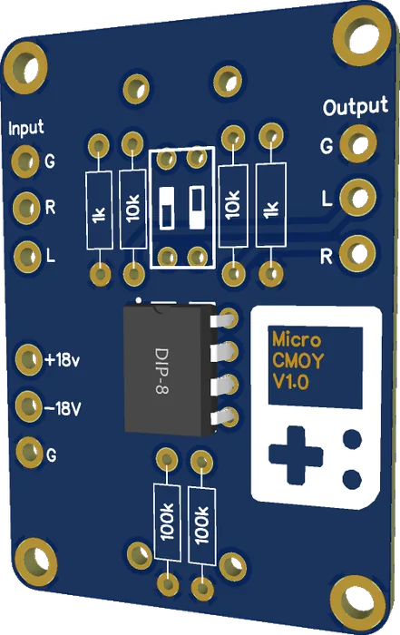 Noodle Board amplifier &mdash; Micro CMOY V1.0 board render with DIP-8 op amp